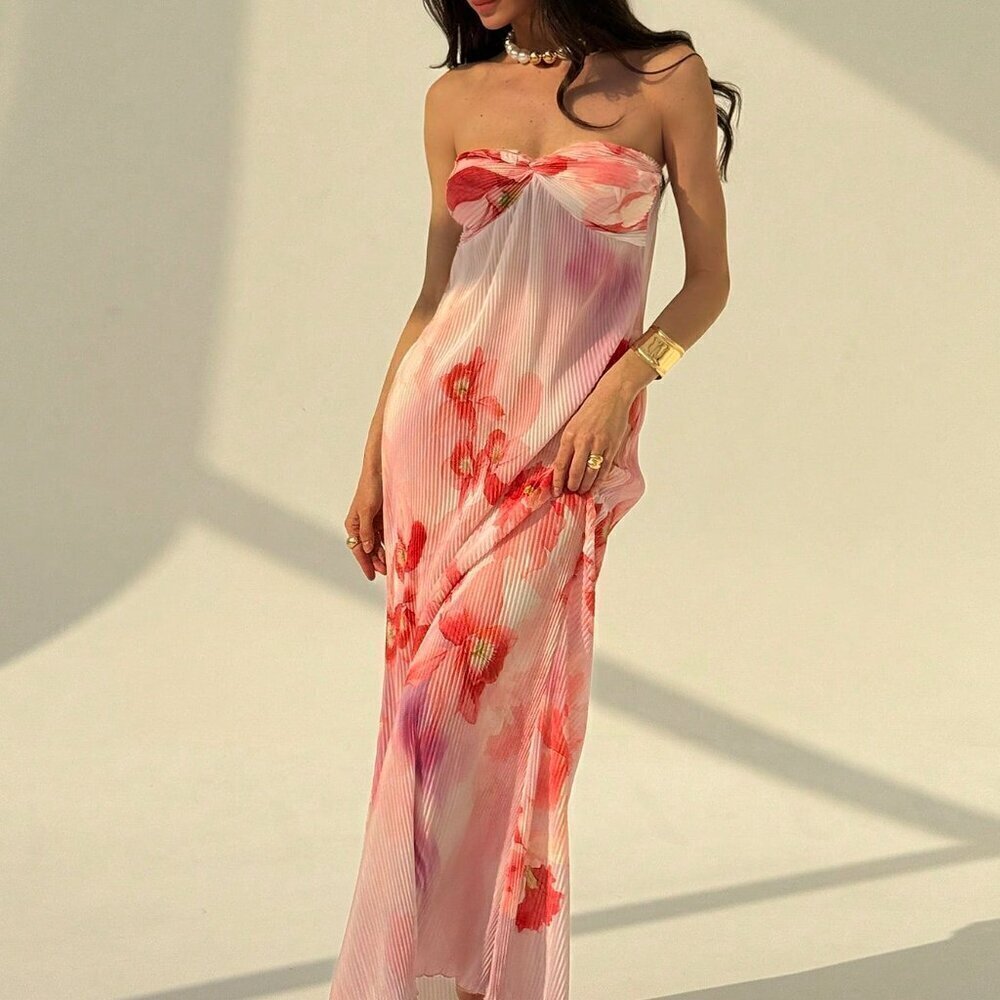 Multicolor Boho Women's Strapless Twist-Front Ruched Floral Print Bodycon Dress - Picture 4 of 7